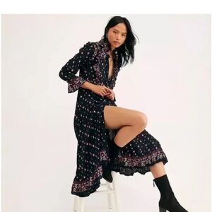 Free People Calico Skies Black Floral Long Sleeve Dress